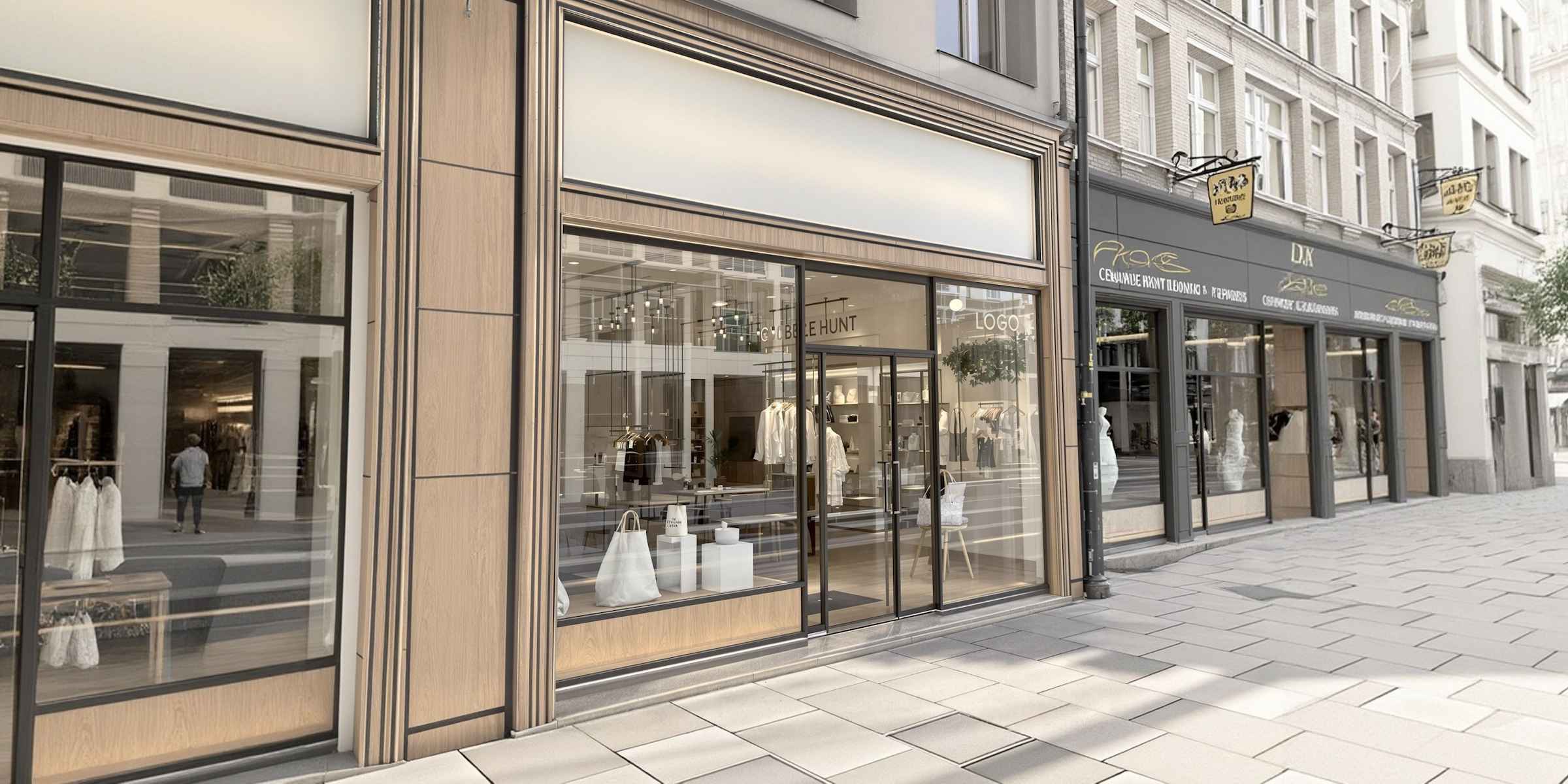 Moderne winkelpui met grote glazen ramen en stijlvolle etalages aan een winkelstraat, passend bij een luxueuze retailomgeving die met geurmachines aantrekkelijker wordt.